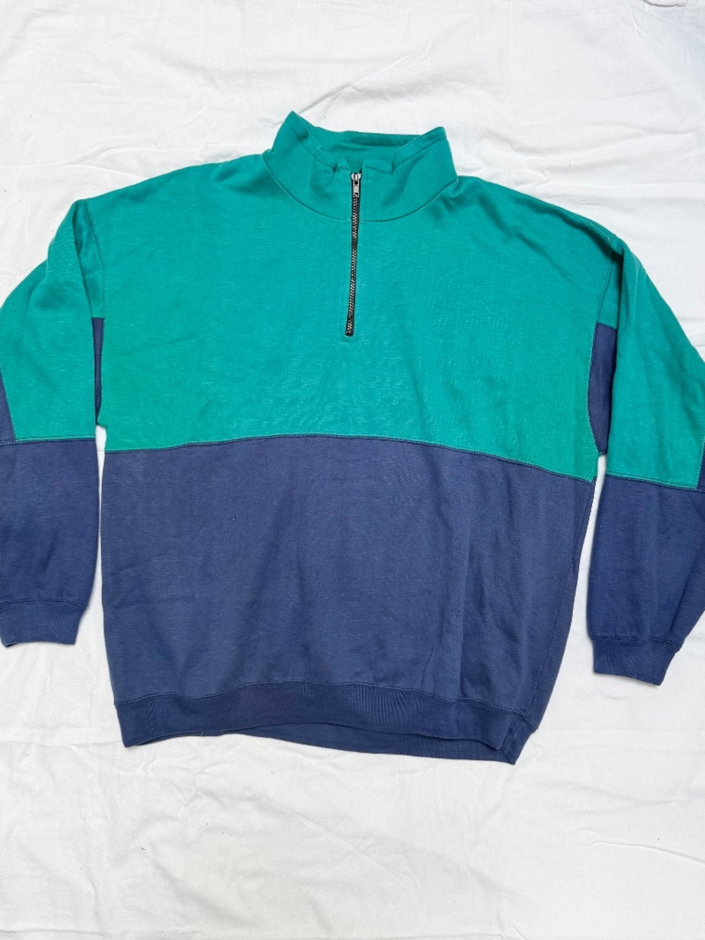 VINTAGE 90s Campus teal navy colorblock quarter zip sweatshirt fleece